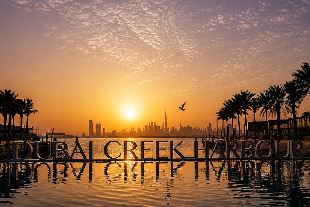 dubai creek harbour sunset reflections