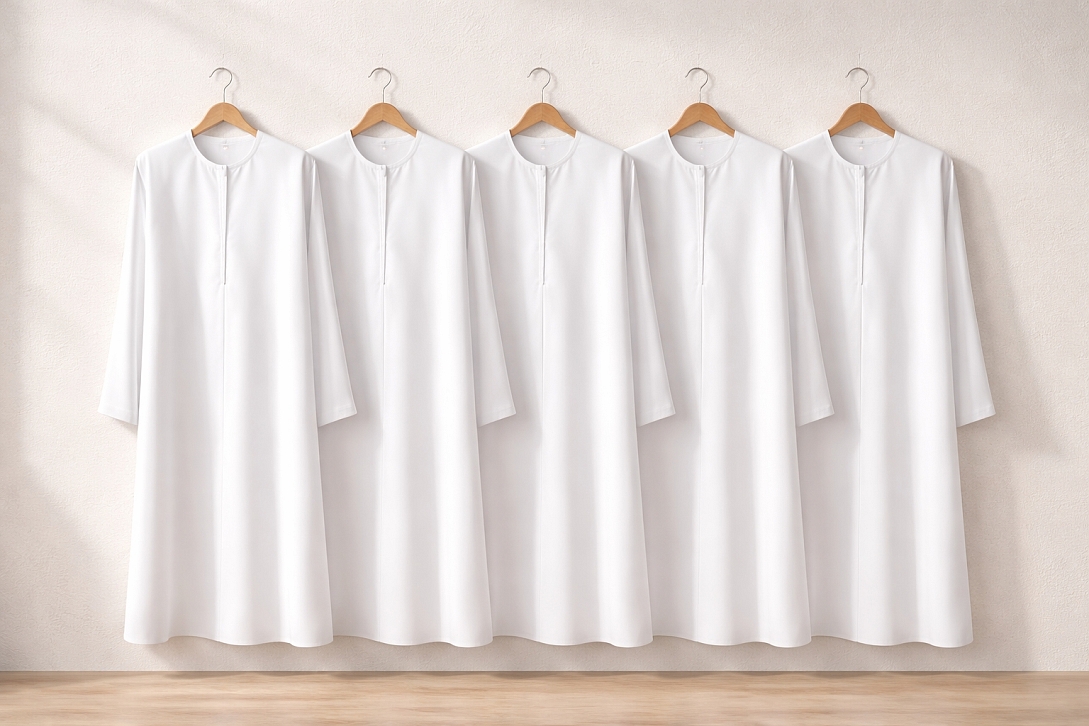 five white dishdashas on hangers