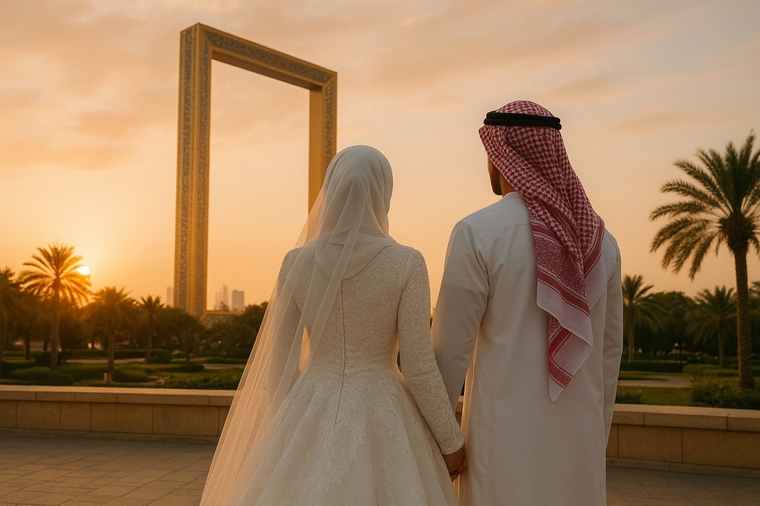 newlyweds at dubai frame sunset
